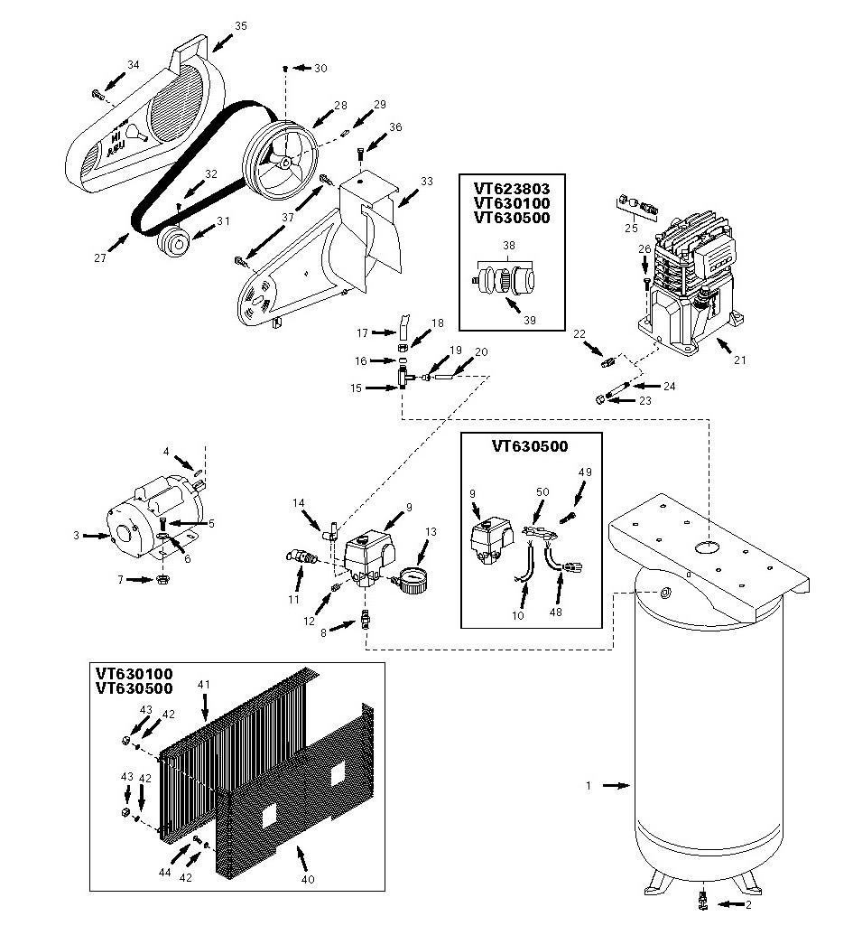 Tank Assembly Parts Diagram and Parts List for VT623803AJ  Campbell Hausfeld Compressor